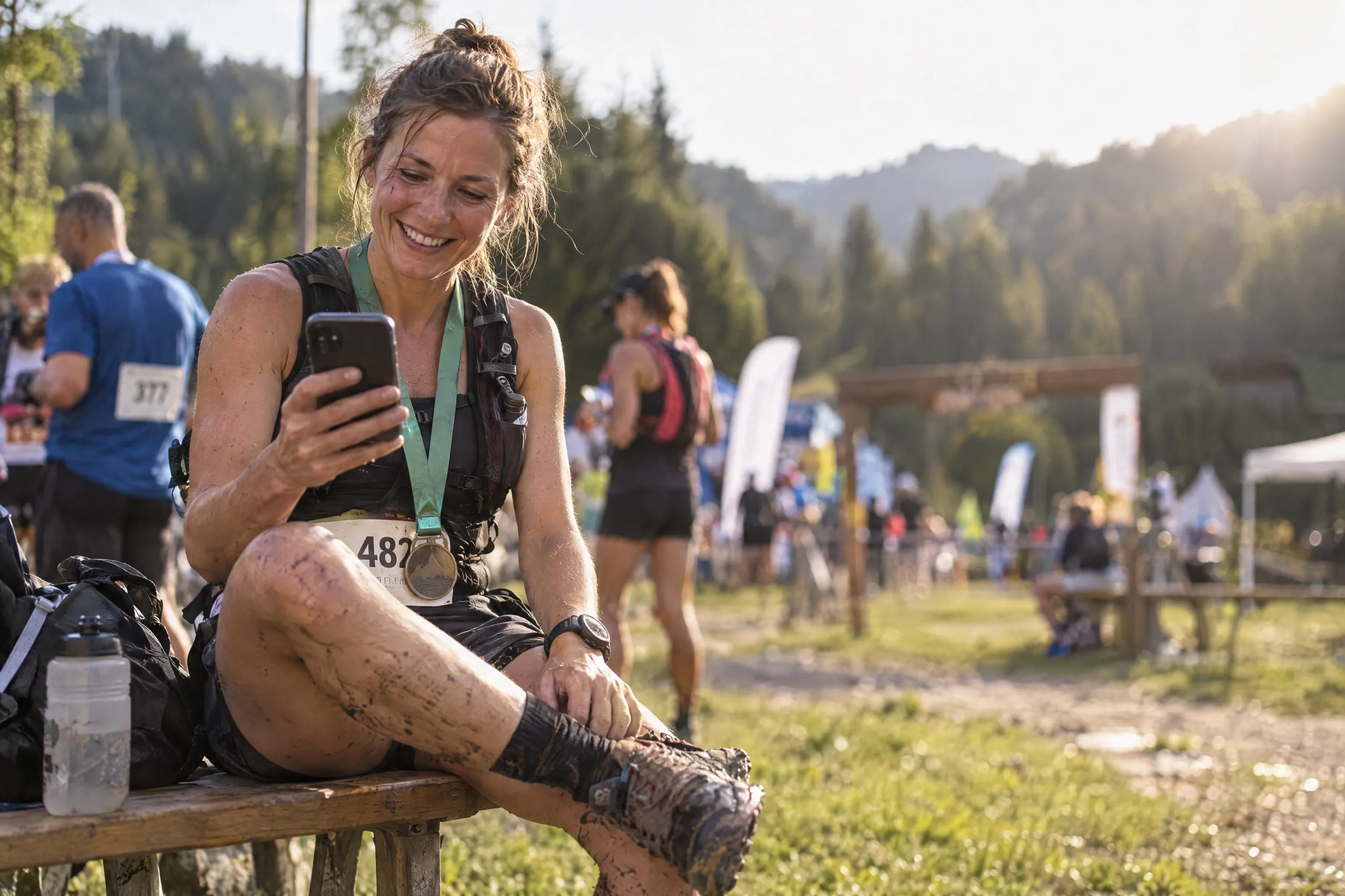 Trailläuferin mit Finisher-Medaille schaut im Ziel auf ihr Handy