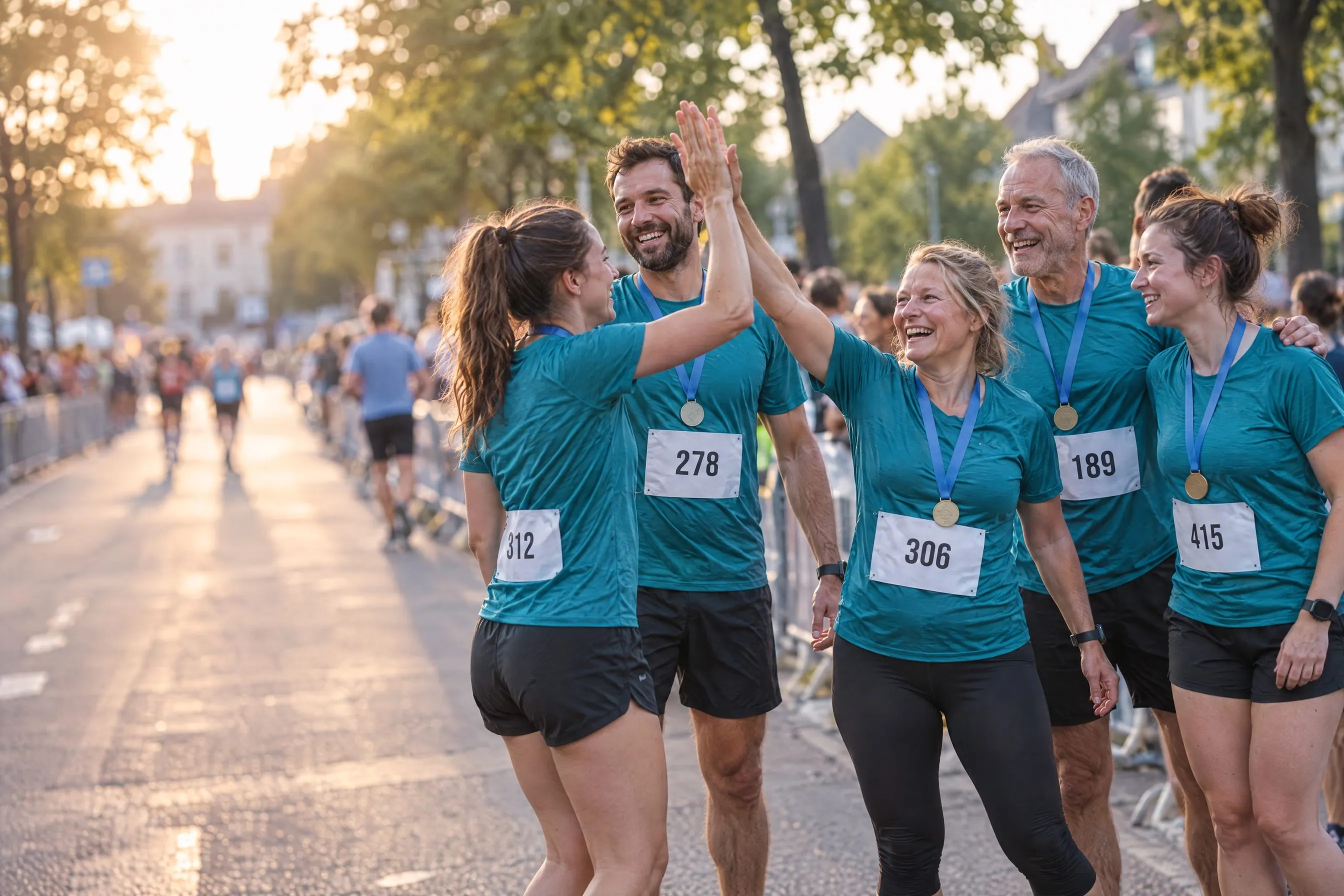 Firmenlauf-Team in gleichen Shirts klatscht sich nach dem Zieleinlauf ab