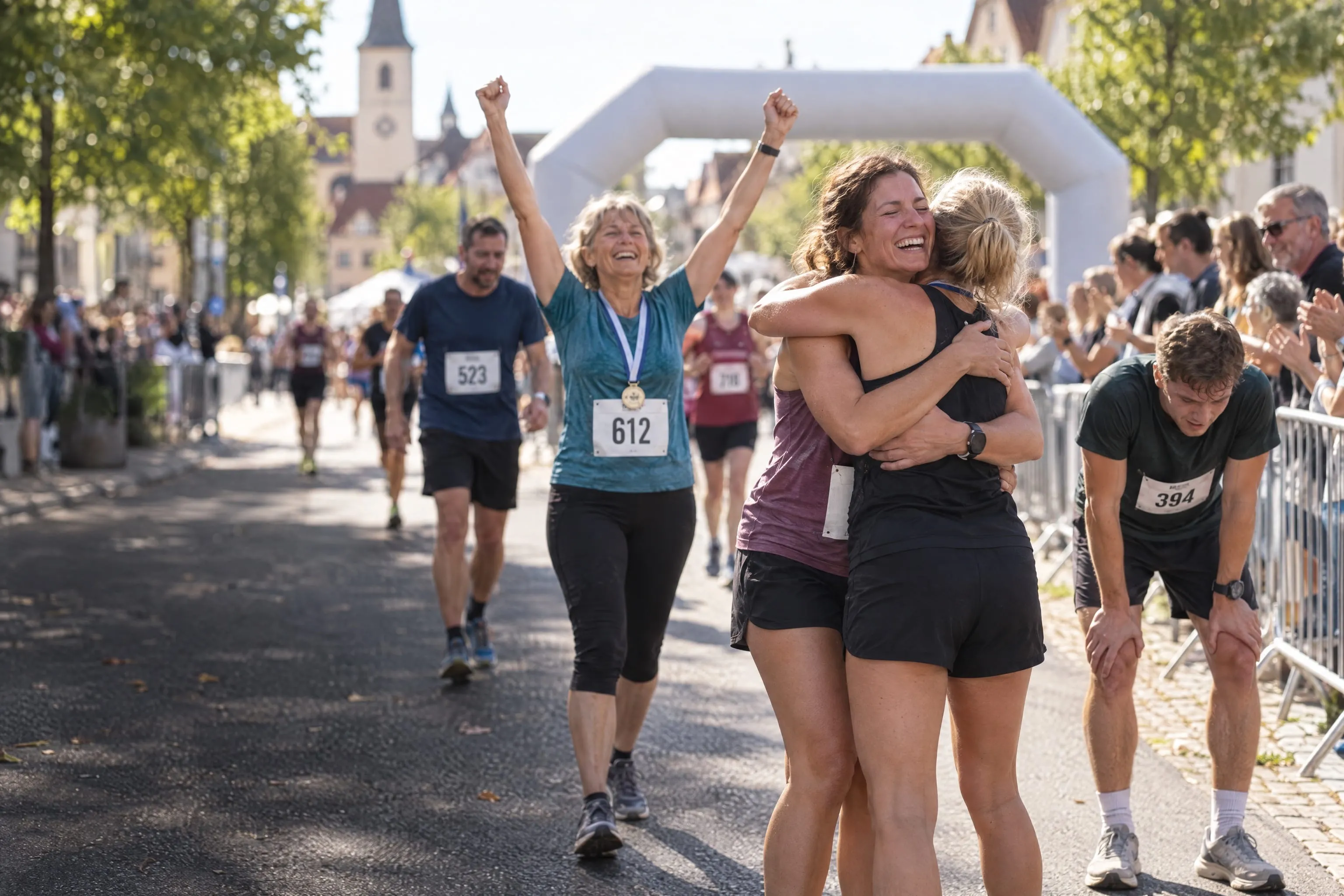Läuferinnen und Läufer umarmen sich mit Finisher-Medaillen im Ziel eines Stadtlaufs