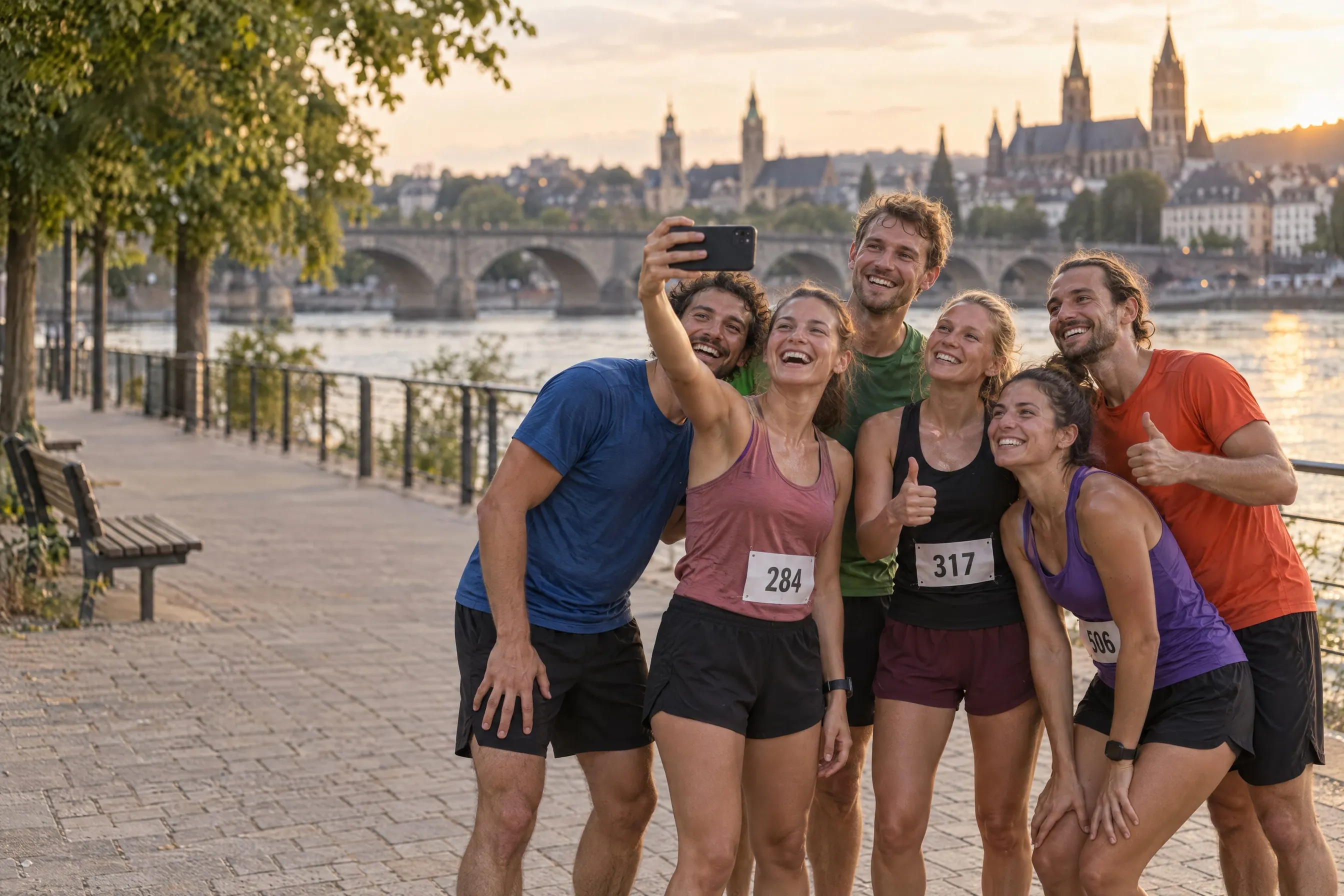 Junge Läuferinnen und Läufer eines Lauftreffs machen nach dem Abendlauf an der Flusspromenade lachend ein Gruppenselfie