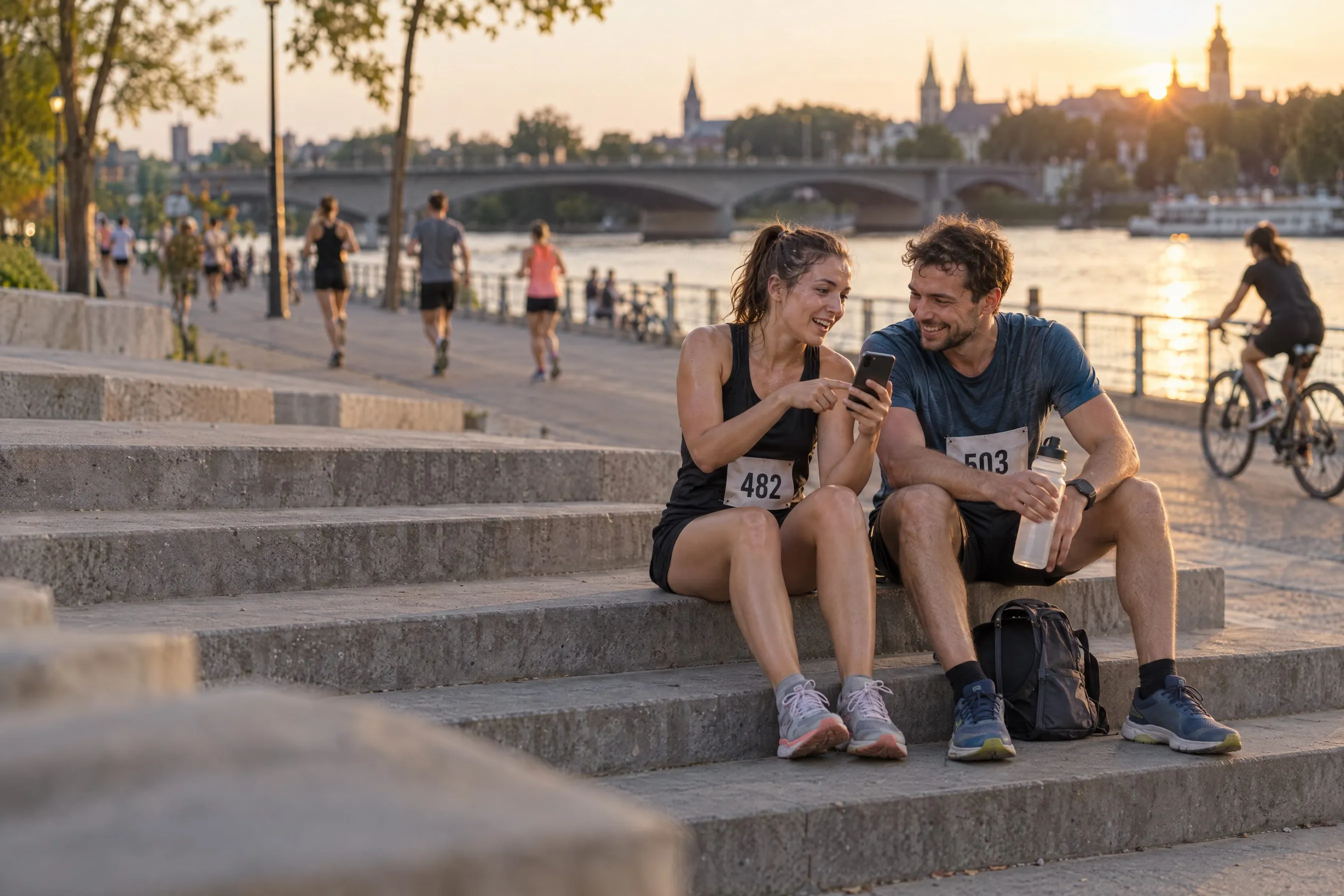 Zwei junge Läufer sitzen nach dem Lauf auf den Stufen einer Flusspromenade, sie zeigt ihm lachend auf dem Smartphone ihren nächsten Wettkampf