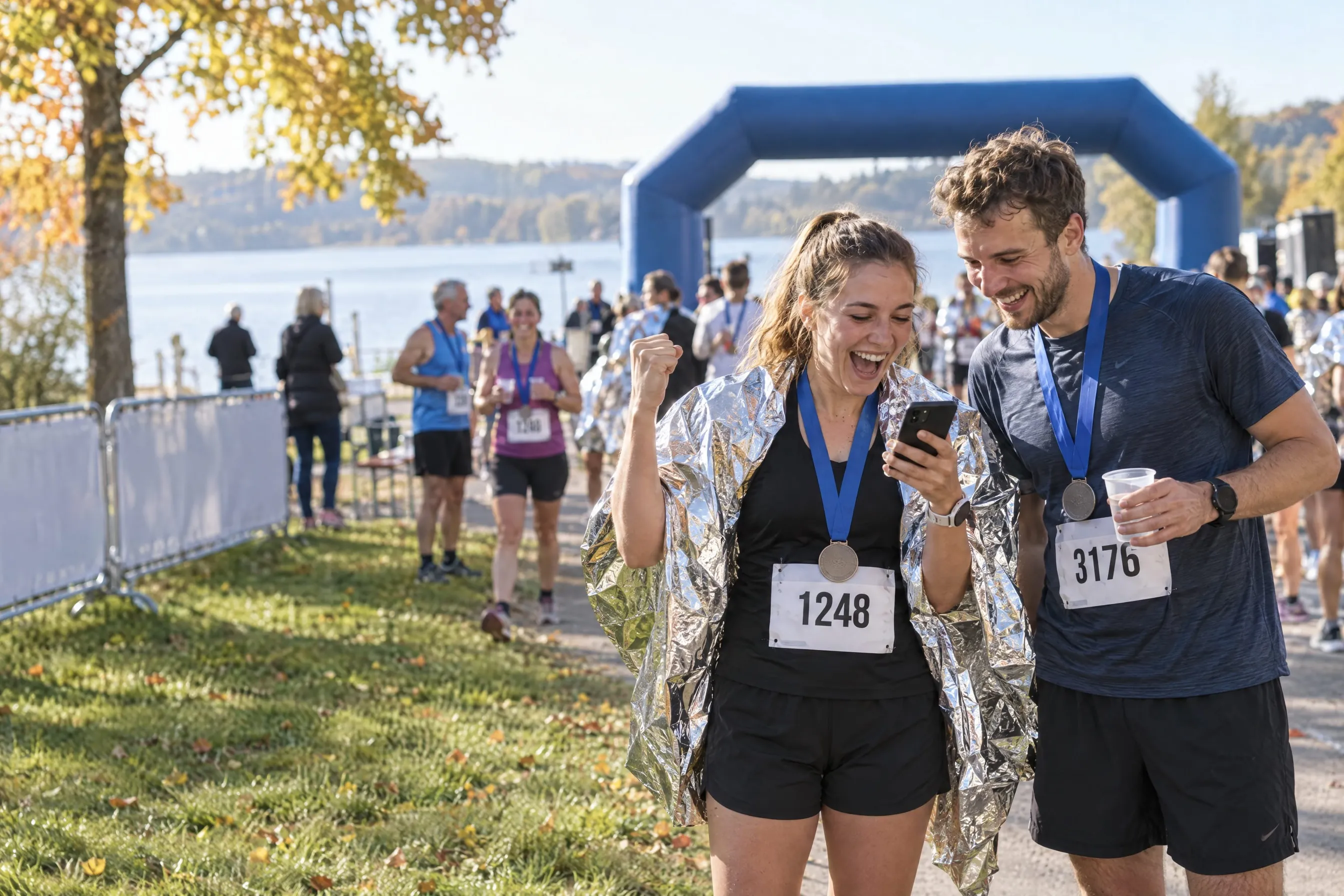 Junge Läuferin mit Finisher-Medaille und Rettungsdecke jubelt im Ziel eines Halbmarathons über ihr Ergebnis auf dem Smartphone, ihr Laufpartner schaut lachend mit