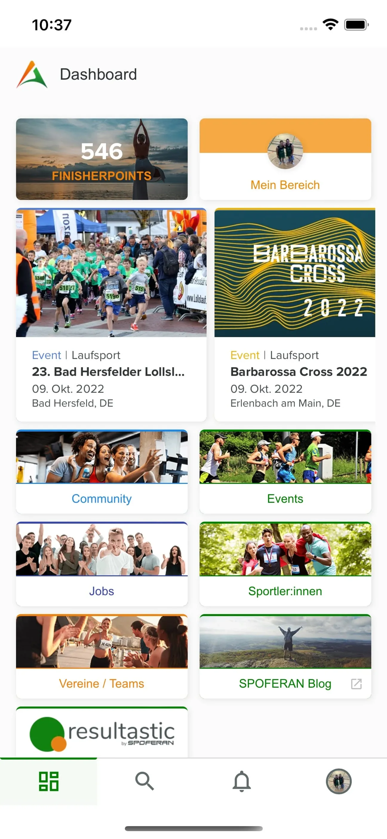 Dashboard der SPOFERAN App mit Finisherpoints, Events in der Nähe und Community