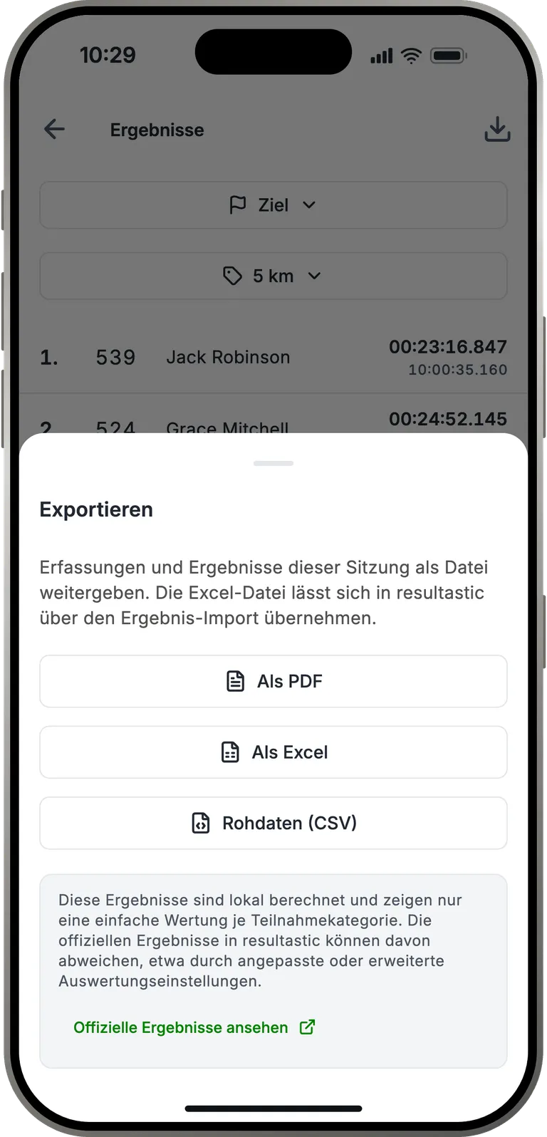 Ergebnisse als PDF oder Excel exportieren
