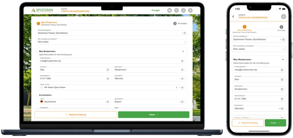 Online-Anmeldung mit Zahlungsabwicklung
